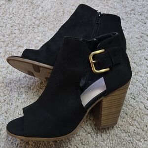 Black Peep-Toe Ankle Boots with Gold Buckle